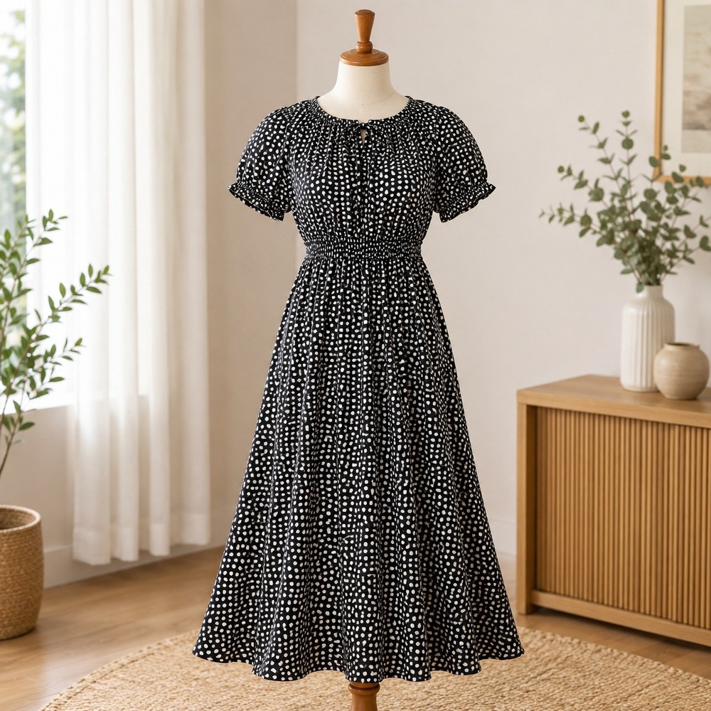 NWT Max Studio London Maxi Dress Womens Small Black Polka Dot Puff Sleeve Belted